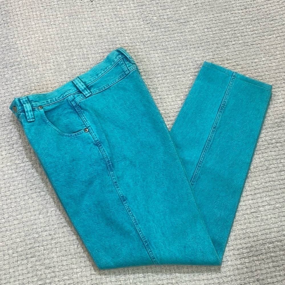 1980's Wrangler Turquoise High Rise Cowgirl Jeans Bare Back Size 11/12 - Picture 2 of 12